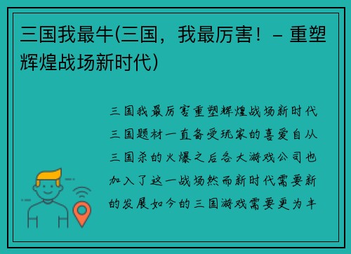 三国我最牛(三国，我最厉害！- 重塑辉煌战场新时代)