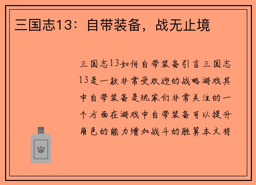 三国志13：自带装备，战无止境